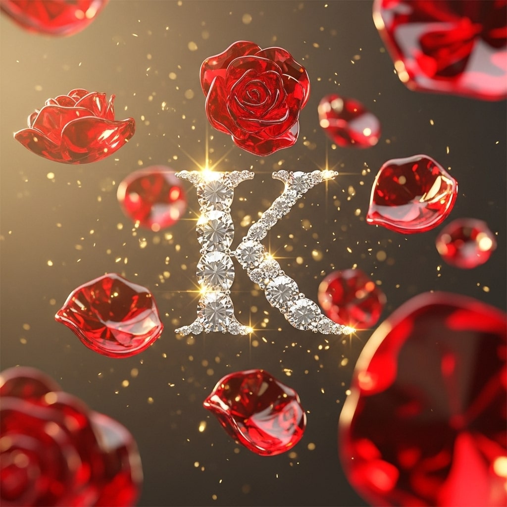 The letter K is elegantly surrounded by vibrant red roses