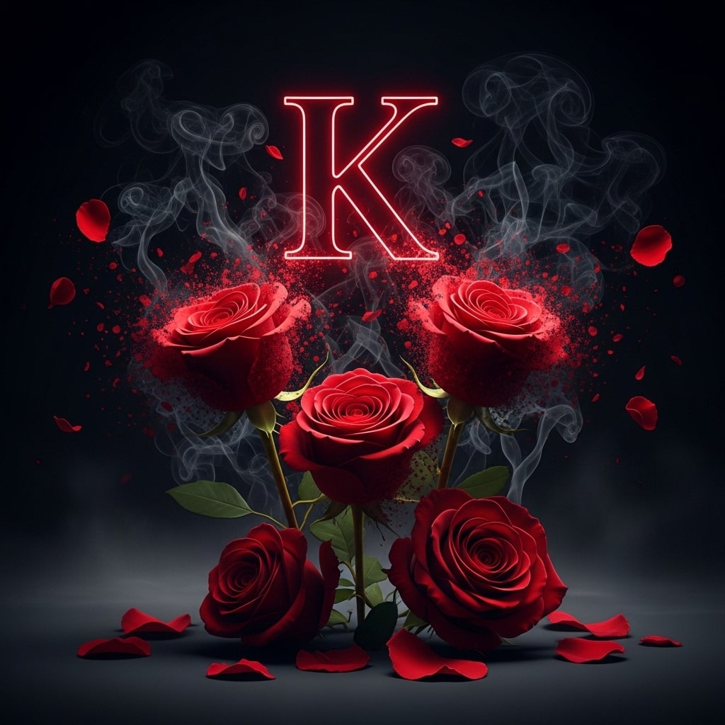 The letter K surrounded by vibrant red roses and wisps of smoke