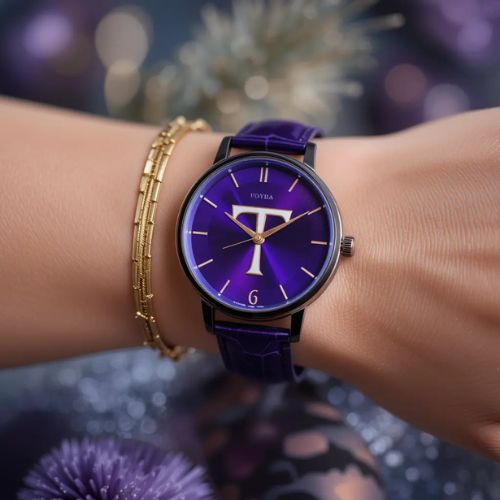 The letter _T_ engraved or subtly placed near a stylish purple wristwatch