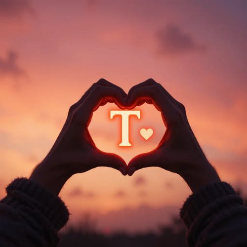 The letter _T_ glowing inside a heart shape created by hands