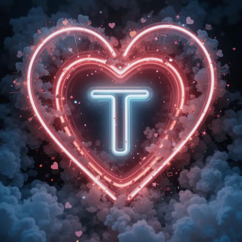 The letter _T_ glowing inside a neon heart frame
