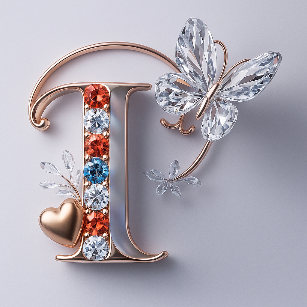 The letter i adorned with diamonds and butterflies on a clean white background