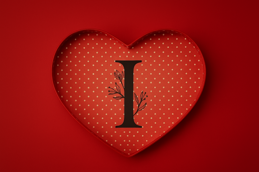 The letter i displayed inside a red heart-shaped box, symbolizing love or affection