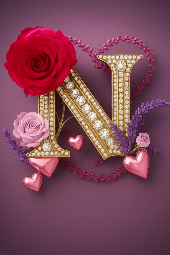 The letter n adorned with a rose and heart, set against a vibrant purple background