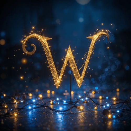 W Name DP ProProFileDP_ A golden _W_ surrounded by glowing fairy lights on a dark background, evoking a magical vibe