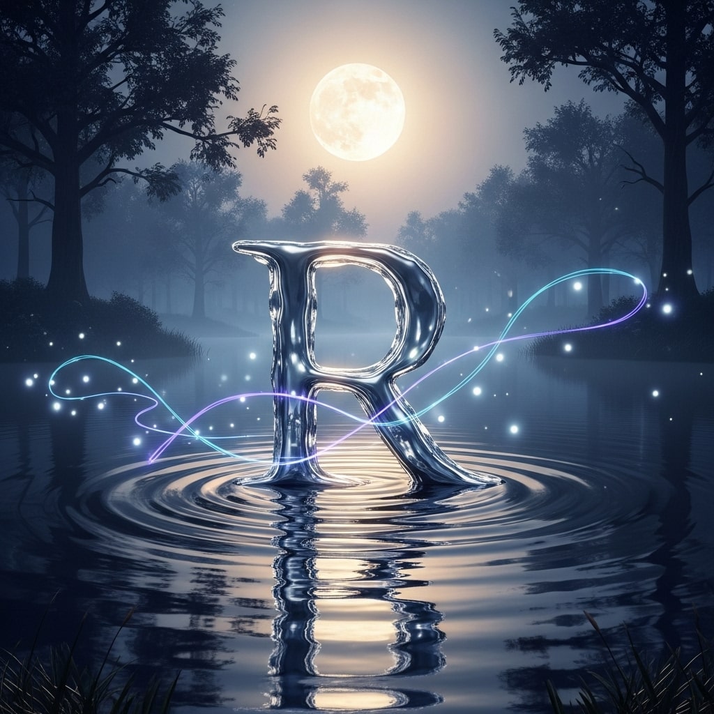 Water ripple forming the letter R on a magical lake under moonlight.