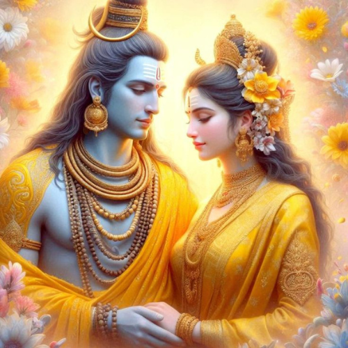 shiv and parvati are in yellow