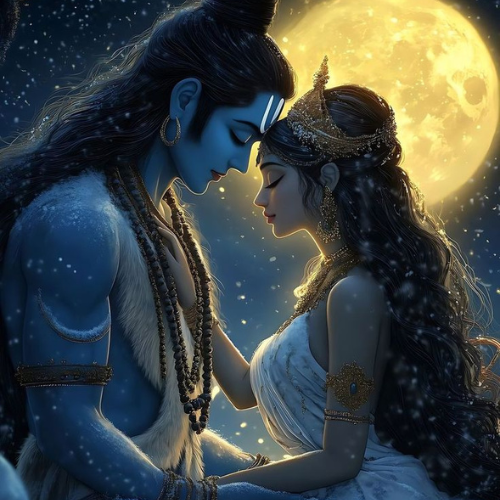 shiv and parvati are with big moon
