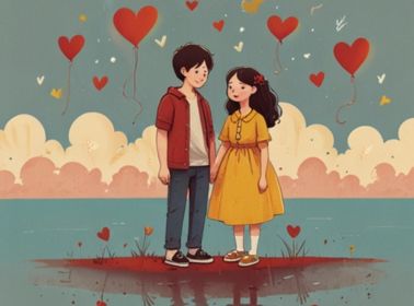 A romantic illustration of a couple using a string telephone, forming a heart-shaped connection, symbolizing love and togetherness.