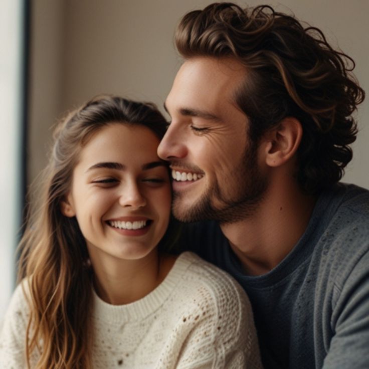 A happy couple laughing together, with the woman playfully holding the man's face as they look into each other's eyes. A perfect Relationship DP.