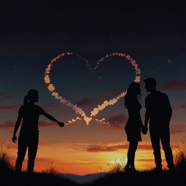 A silhouette of a couple at night forming a heart shape with their hands under a moonlit sky, with a soft glow and romantic atmosphere.
