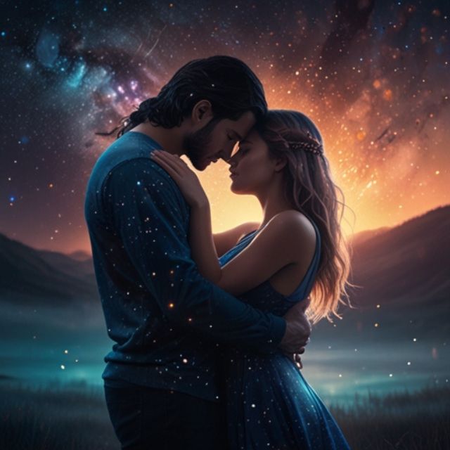 A surreal digital artwork of a couple hugging, where the man's body is a glowing galaxy filled with stars, while the woman embraces him with deep emotion against a dreamy blue background.