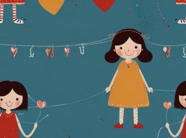 A romantic illustration of a couple using a string telephone, forming a heart-shaped connection, symbolizing love and togetherness.