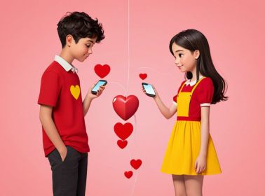 A romantic illustration of a couple using a string telephone, forming a heart-shaped connection, symbolizing love and togetherness.