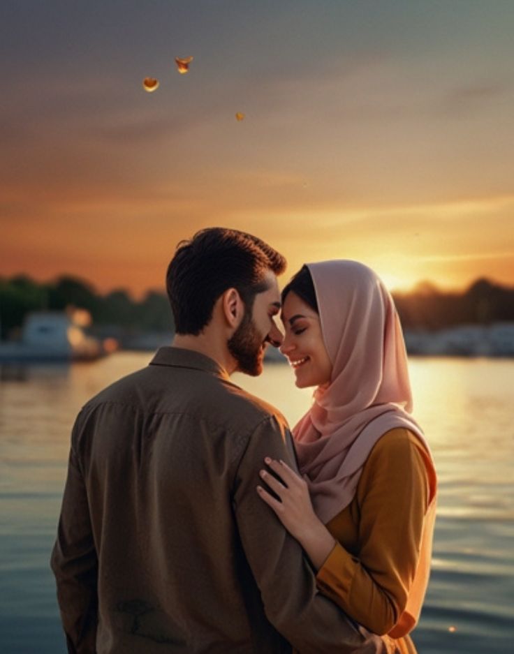 A couple in love, standing close near the water, gazing into each other's eyes with heart emojis above them.