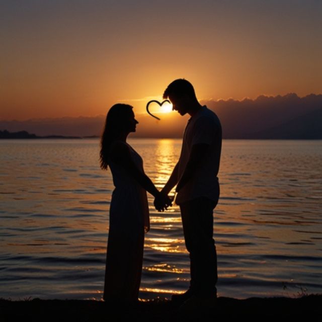 A silhouette of a couple at night forming a heart shape with their hands under a moonlit sky, with a soft glow and romantic atmosphere.