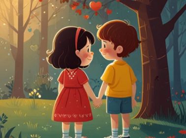 A romantic illustration of a couple using a string telephone, forming a heart-shaped connection, symbolizing love and togetherness.