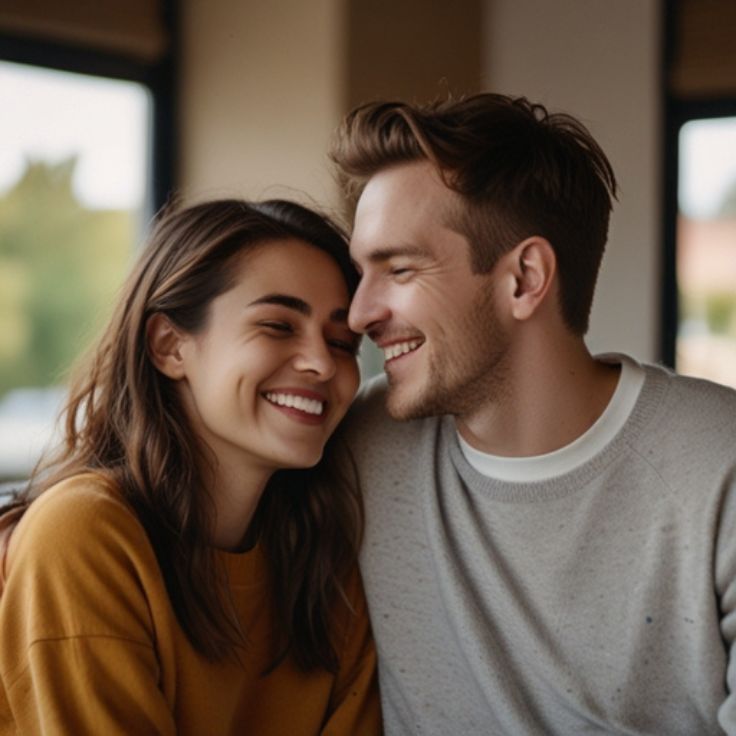 A couple in love, standing close near the water, gazing into each other's eyes with heart emojis above them.