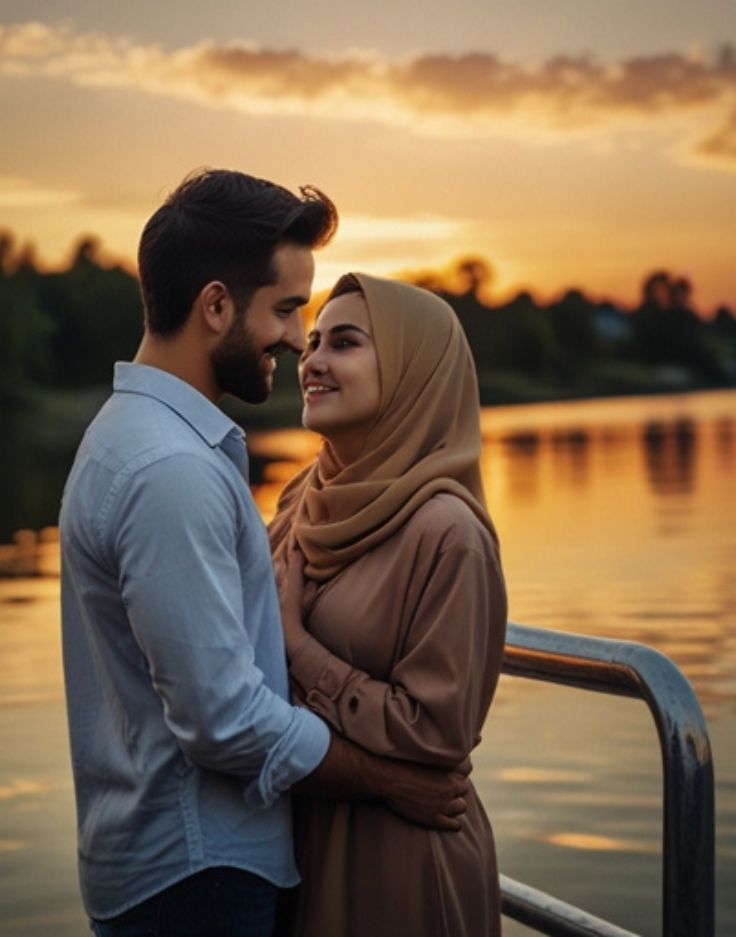 A couple in love, standing close near the water, gazing into each other's eyes with heart emojis above them.