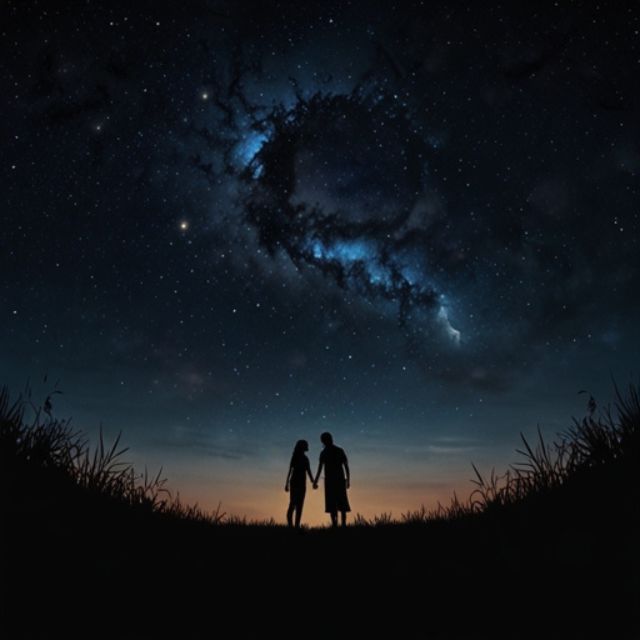 A silhouette of a couple at night forming a heart shape with their hands under a moonlit sky, with a soft glow and romantic atmosphere.