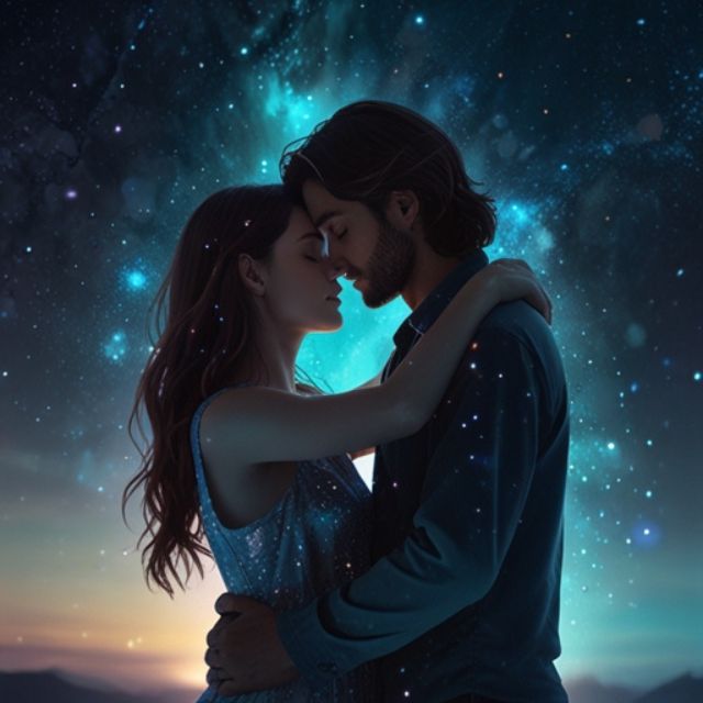 A surreal digital artwork of a couple hugging, where the man's body is a glowing galaxy filled with stars, while the woman embraces him with deep emotion against a dreamy blue background.