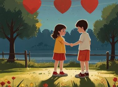 A romantic illustration of a couple using a string telephone, forming a heart-shaped connection, symbolizing love and togetherness.