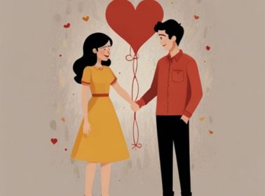 A romantic illustration of a couple using a string telephone, forming a heart-shaped connection, symbolizing love and togetherness.