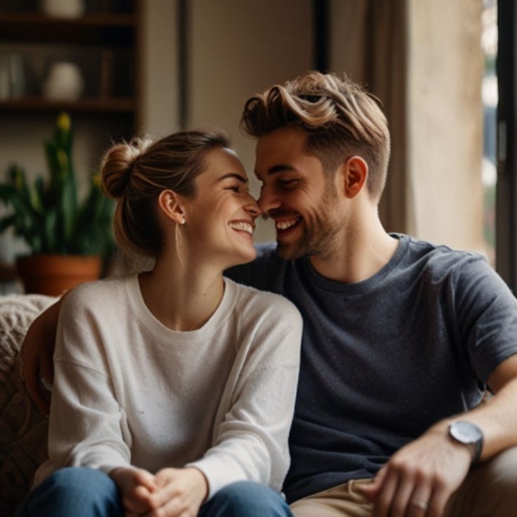 A happy couple laughing together, with the woman playfully holding the man's face as they look into each other's eyes. A perfect Relationship DP.