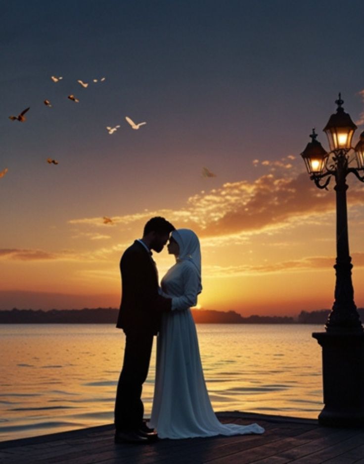 A couple in love, standing close near the water, gazing into each other's eyes with heart emojis above them.