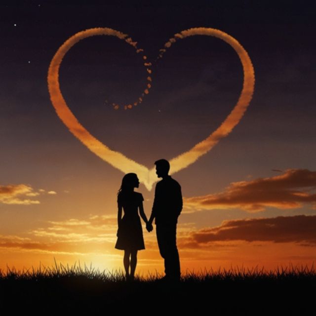 A silhouette of a couple at night forming a heart shape with their hands under a moonlit sky, with a soft glow and romantic atmosphere.