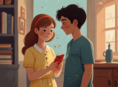 A romantic illustration of a couple using a string telephone, forming a heart-shaped connection, symbolizing love and togetherness.