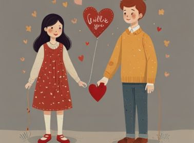 A romantic illustration of a couple using a string telephone, forming a heart-shaped connection, symbolizing love and togetherness.