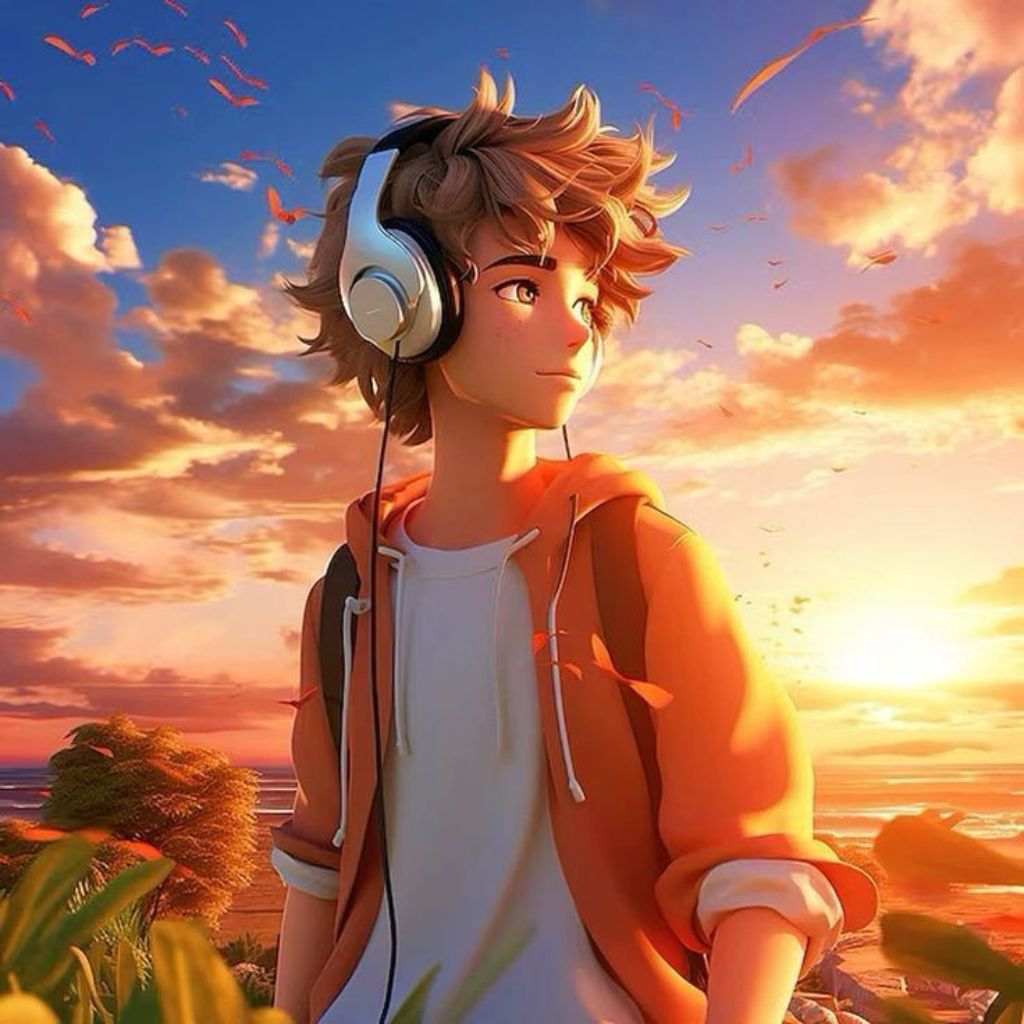 A stylized illustration of a boy with tousled brown hair wearing large headphones and an orange hoodie, gazing toward a warm, glowing sunset.