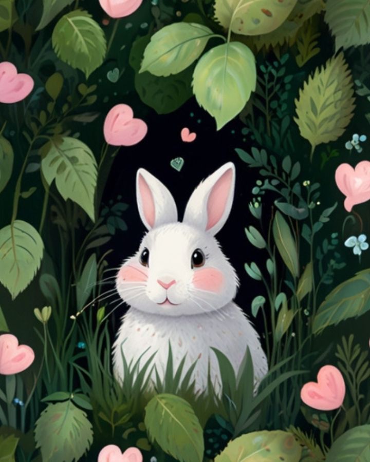 A cute fluffy white bunny peeking out from behind green leaves, with big sparkling eyes and blushing cheeks. Small pink hearts float around, giving a soft and adorable vibe.