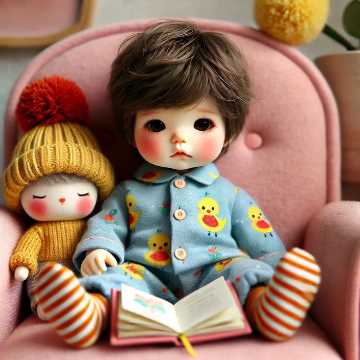 A cute, sleepy doll-like child in blue duck-printed pajamas and orange-striped socks, sitting on a soft pink armchair with an open book in their lap.