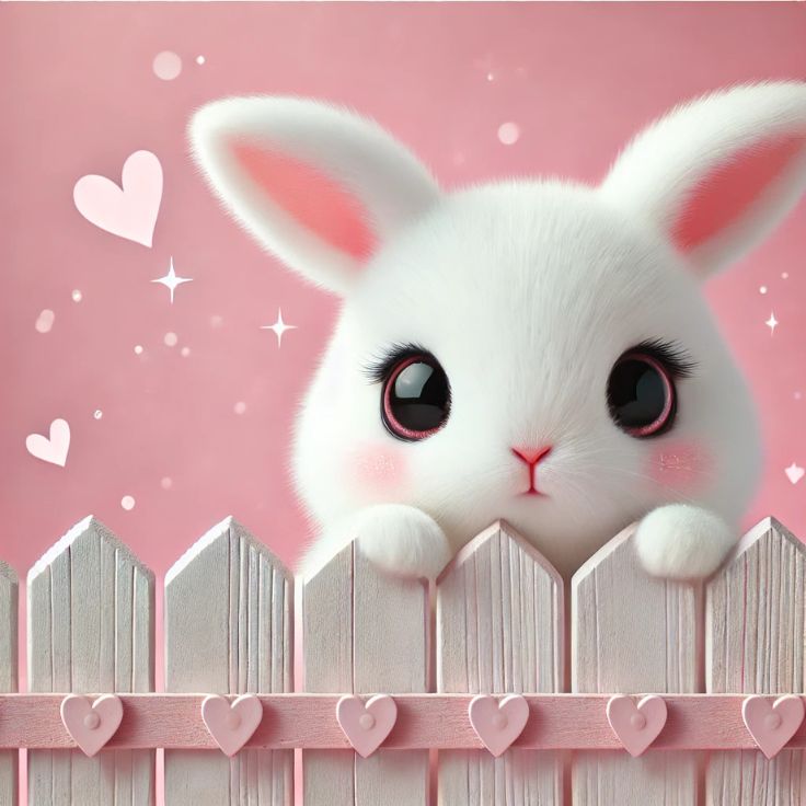 A cute white bunny peeking over a pink wooden fence with big sparkling eyes and soft fur. The pastel pink background has small floating hearts, creating a dreamy and adorable atmosphere.