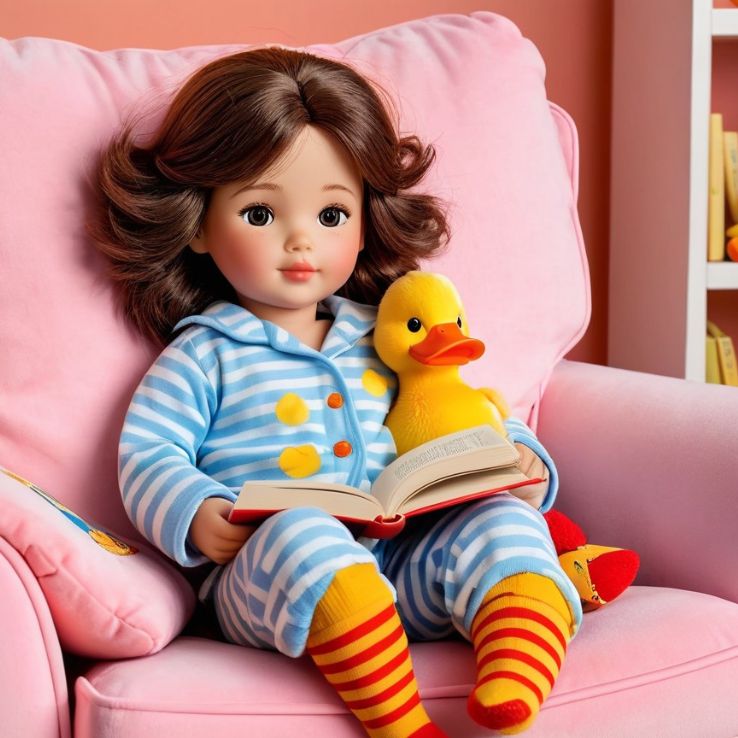 A vintage-style doll with curly brown hair, dressed in a blue outfit with yellow accents, sitting on a soft pink armchair. The cozy setting includes plush animal toys—a white bunny and two yellow ducklings—on a pastel-colored rug, with a warm and nostalgic atmosphere.