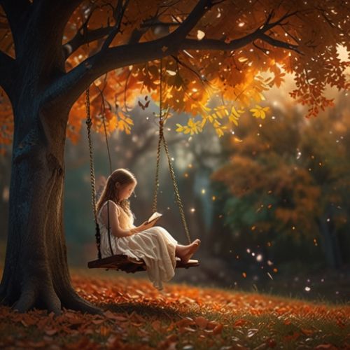 A young girl in a flowing dress sitting on a flower-adorned swing under a golden autumn tree, reading a book in a dreamy, warm-toned landscape.