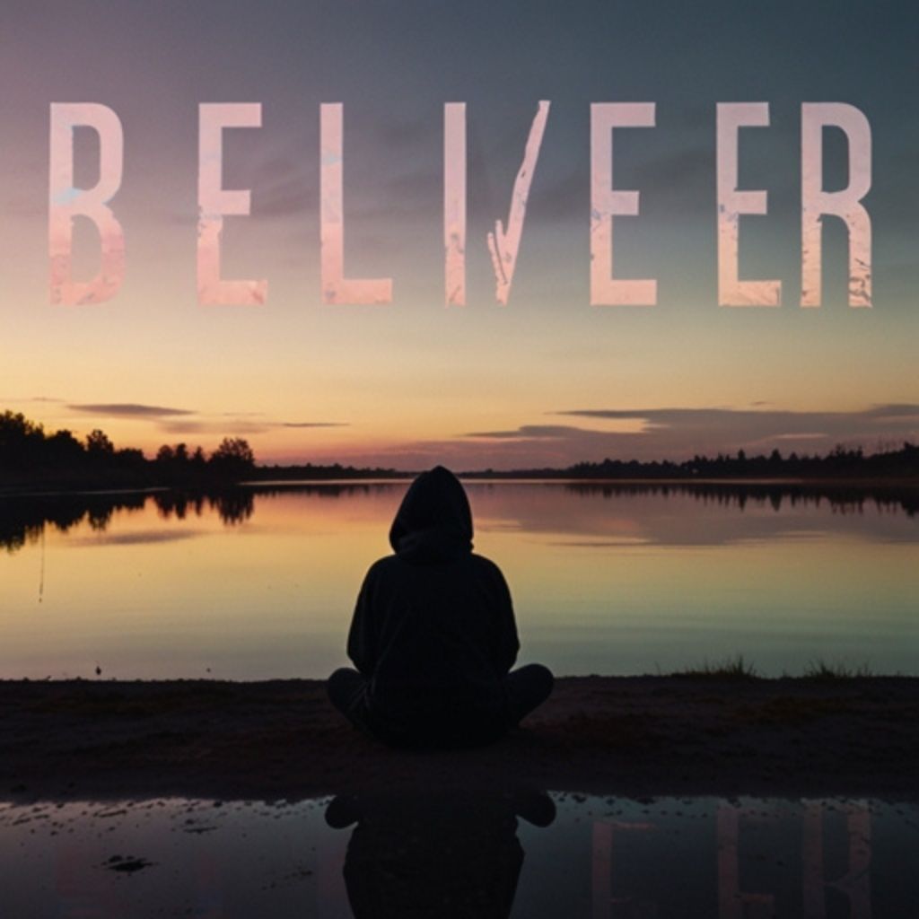 A silhouette of a person in a black hoodie labeled 'BELIEVER,' sitting on a reflective surface beneath a soft, pastel sky, conveying a contemplative, moody vibe.