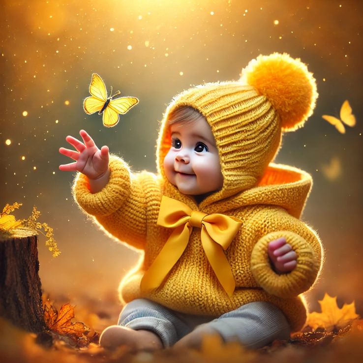 A cute baby wearing a yellow knitted hoodie with a pom-pom, joyfully reaching out to a butterfly.