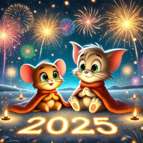 Tom and Jerry enjoying fireworks under a warm blanket with ‘2025’ glowing in the snow – best New Year DP.