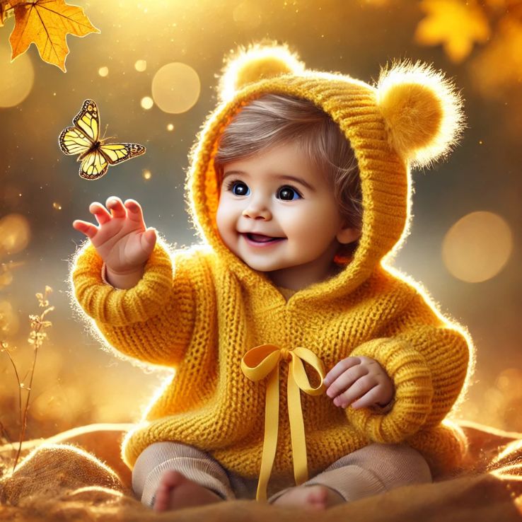 A cute baby wearing a yellow knitted hoodie with a pom-pom, joyfully reaching out to a butterfly.