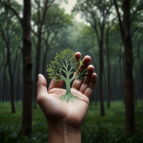 A human hand seamlessly blending with a tree branch against a blurred green forest background, symbolizing a deep connection between humanity and nature