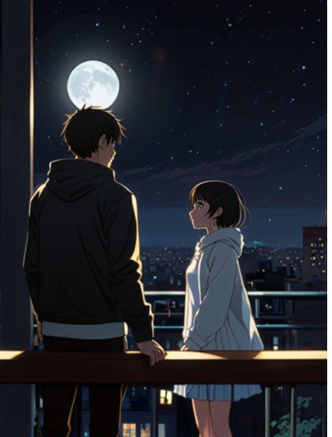 Anime-style couple lying on grass, gazing at stars. Boy in a black t-shirt, girl resting on his shoulder, dreamy sky