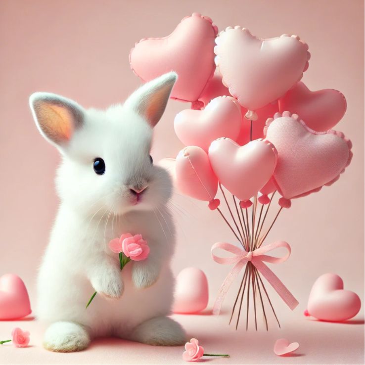 A cute white bunny peeking over a pink wooden fence, with a soft pink background.