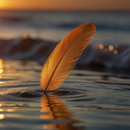 A delicate feather glowing under a warm sunset, reflecting over a calm body of water – perfect for an aesthetic status DP.