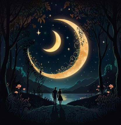 A stylized illustration of a couple standing together in front of a large crescent moon in a starry night sky. The scene has a magical, romantic ambiance with glowing fireflies and hanging vines adding to the dreamlike atmosphere.