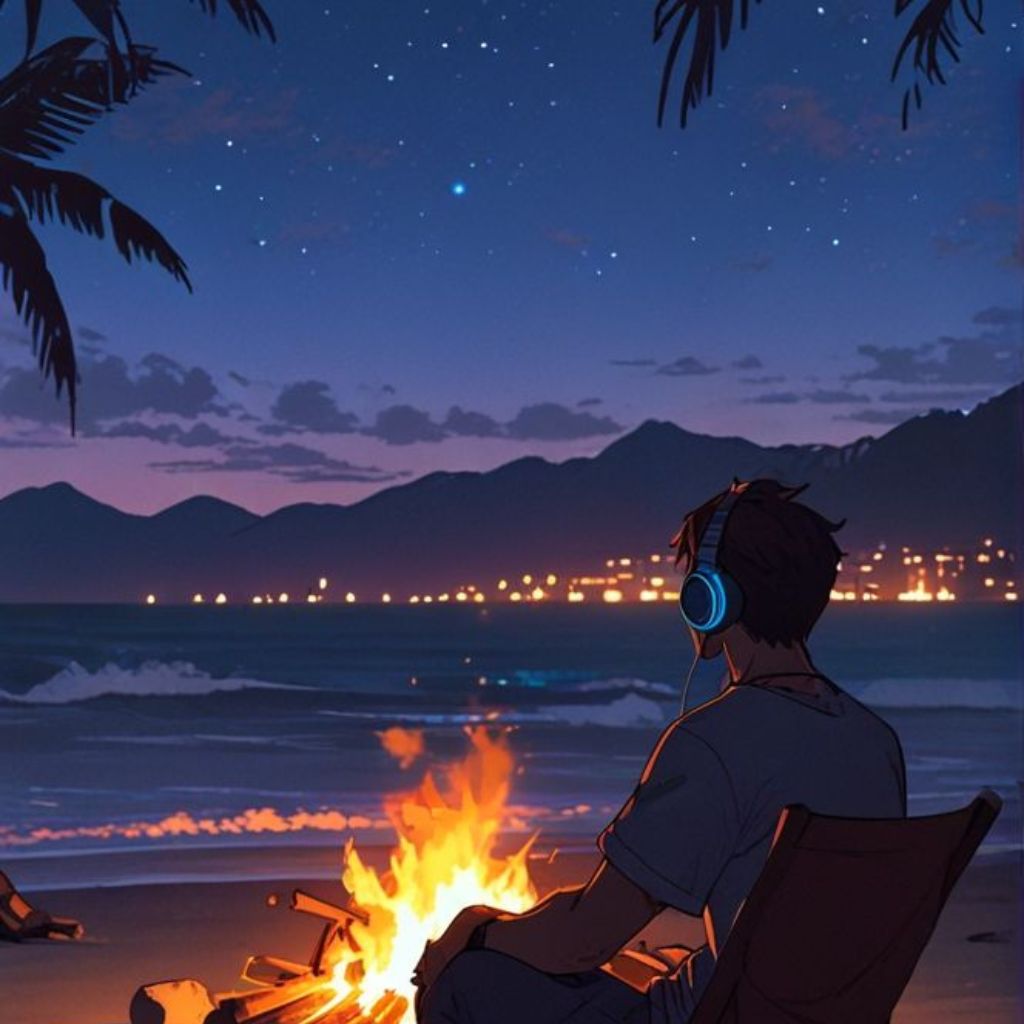 An anime-style illustration of a boy wearing headphones, sitting by a campfire on a beach at night. He faces the ocean under a starry sky,