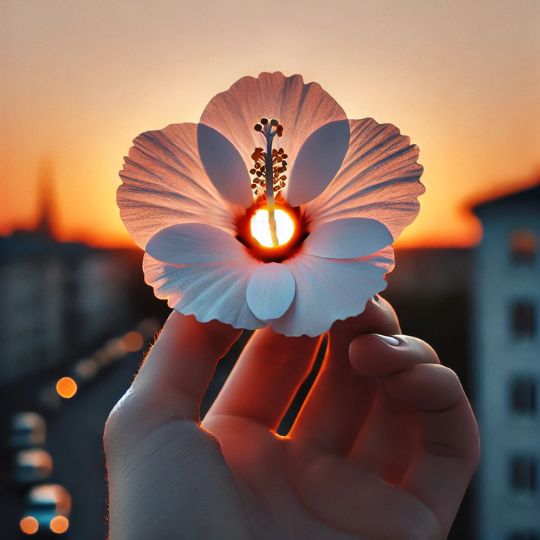 A hand holding a white hibiscus flower aligned with the setting sun, creating a glowing center against a softly blurred cityscape.