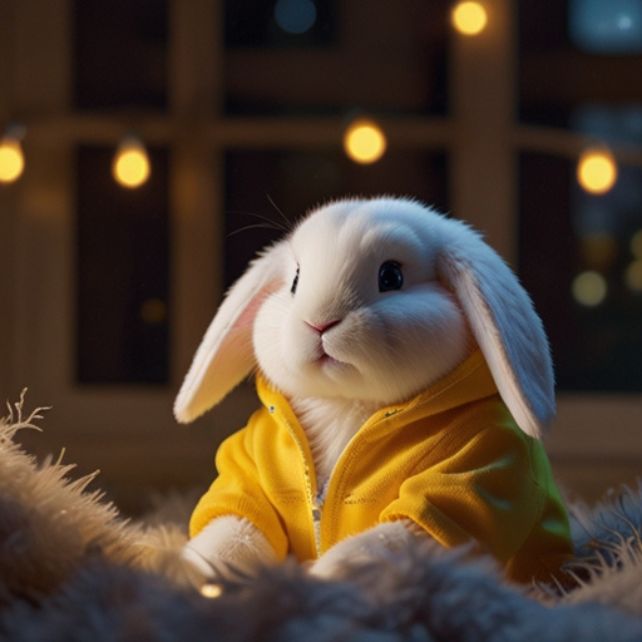A cute white bunny wearing a yellow hoodie, sitting in a cozy, warm environment with glowing lights in the background.